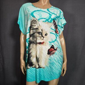 Y2K Cat Graphic Rhinestone T Shirt Dress Butterflies Size M Beach Swim Cover Up